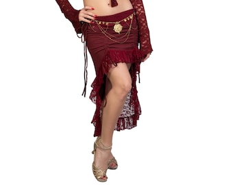 Asymmetrische rode hippierok dames | Godin boho-rok voor op het strand, tribal fusion buikdans, festivals, latin dansrok