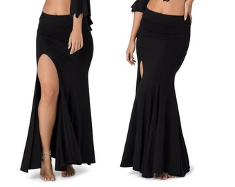 Czarna spódnica dla kobiet, spódnica do tańca brzucha, spódnica pixie, spódnica maxi, długa spódnica z rozcięciem, moda boho, powłóczysta spódnica, ubrania festiwalowe.