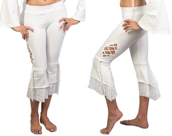 ATS White Lace Up Leggings for Tribal Fusion Dance etc. | American Tribal Style Bellydance Lace Bottoms for Women | Hippie Laced Leggings