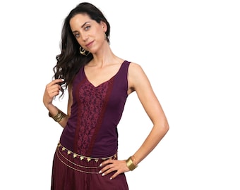 Women's Boho Chic Purple Lace Tank with Wide Straps | Sheer / Lace-Up Back Summer Top for Women | Tie-Back Corset / See-Through Back Top