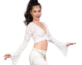 White Crop Top, Lace Top for Women, Long Bell Sleeves Top, Festivals Fashion, Belly Dance Top, Yoga Top, Boho Bridal Top, Flow Art Wear