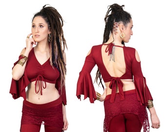 Crop Top, Sexy Red Top, Open Back Top for Women, Boho Hippie Fashion, Flare Bell Sleeves, Belly Dance Wear, Open Shoulder Backless Blouse