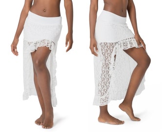 Skirt for Women, White Lace Skirt, Belly Dance Skirt, Festival Clothing, Asymmetrical Skirt, Gypsystyle Fashion, Tribal Fusion, Pixie Skirt