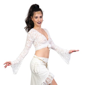 White Crop Top, Lace Top for Women, Long Bell Sleeves Top, Festivals Fashion, Belly Dance Top, Yoga Top, Boho Bridal Top, Flow Art Wear