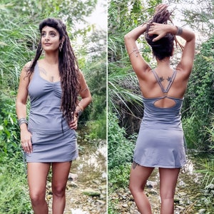 Boho Dress for Women, Mini Dress, Festival Dress, Pixie Dress, Festival Clothing, Hippie Fashion, Open Back Dress, Grey Dress, Sexy Tunic.
