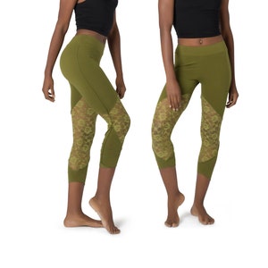 ATS Green Lace Leggings for Festivals, Tribal Fusion Dance etc. | American Tribal Style Bellydance Pants for Women | Boho-Hippie Tights