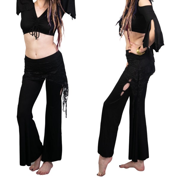 ATS Black Skirt over Leggings Pants for Festival Outfit, Tribal Fusion Dance etc. | American Tribal Style Bellydance Pants for Women