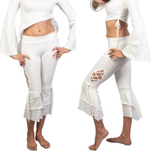 Weiße Leggings, geschnürt, Tribal Fusion Mode, Tanzkleidung, American Tribal Style, Bauchtanz Hose, Spitzenhöschen für Frauen