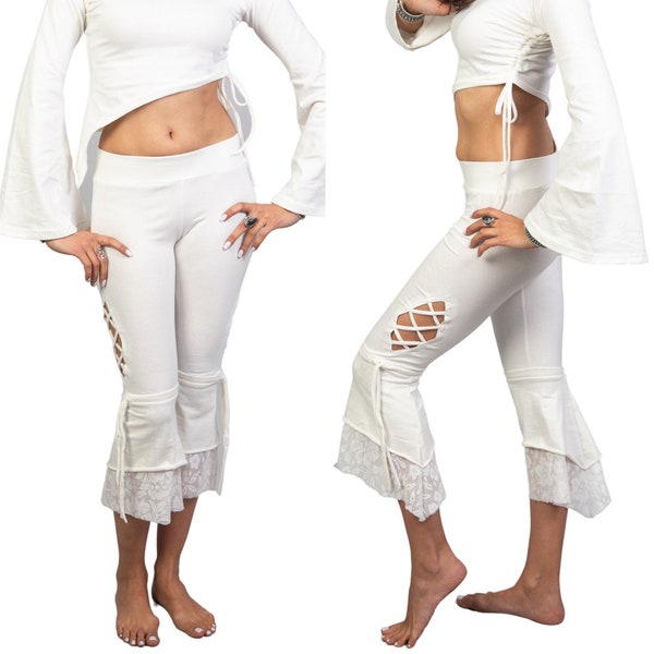 White Leggings, Lace Up Leggings, Tribal Fusion Fashion, Dance Clothes, American Tribal Style, Bellydance Pants, Lace Bottoms for Women