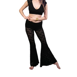 Schwarze Hose, Tanzhose, Leggings für Frauen, Festival-Mode, Yogahose, Bauchtanzhose, Spitzen-Leggings, Schlaghose, Boho-Hose