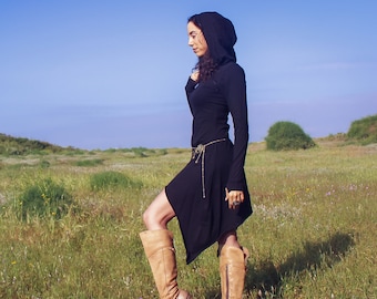 Black Dress for Women, Hoodie Dress, Festival Clothes, Black Tunic, Boho Dress, Spring Fashion, Asymmetrical Dress, Tribal Wear, Pixie Dress