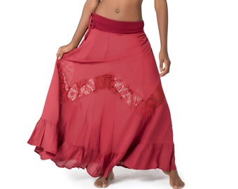 Falda larga, falda maxi bohemia, falda de encaje, falda de danza del vientre, falda roja, falda de festival, ropa hippie para mujer, ropa tribal fusión.