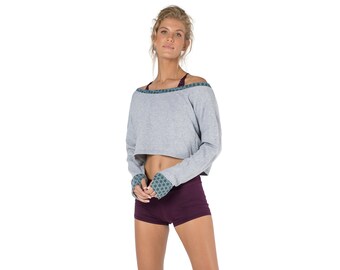 Cropped Sweatshirt, Long Sleeve Shirt for Women, Pullover Shirt, Yoga Sweater, Yoga Top, Workout Shirt, Off the Shoulder Shirt, Grey Shirt.