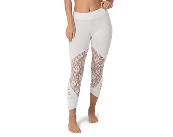 ATS White Lace Leggings for Festivals, Tribal Fusion Dance etc. | American Tribal Style Bellydance Pants for Women | Boho-Hippie Tights