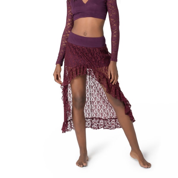 Unikat Mini Maxi Asymmetrischer Spitzenrock für Frauen | Gypsystyle Kleidung für Burning Man Festivals, Tribal Fusion Bauchtanz und Salsa