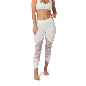 ATS weiße Spitzen Leggings für Festivals, Tribal Fusion Tanz etc. | Amerikanische Tribal Style Bauchtanz Hose für Frauen | Boho Hippie Strumpfhose