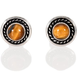 Studs for Women, Silver Studs, Tiger Eye Post Earrings, Silver and Brown Studs, Boho Jewelry, Round Post Earrings, Elegant Button Earrings