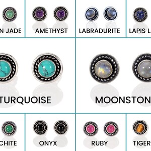 May include: Assortment of gemstone earrings with silver settings. The earrings feature various gemstones, including turquoise, amethyst, moonstone, lapis lazuli, malachite, onyx, ruby, and tiger's eye.
