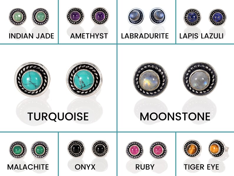 May include: Assortment of gemstone earrings with silver settings. The earrings feature various gemstones, including turquoise, amethyst, moonstone, lapis lazuli, malachite, onyx, ruby, and tiger's eye.