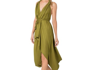 Abito avvolgente verde boho da festival: completo estivo in viscosa e lycra con scollo a V e schiena scoperta