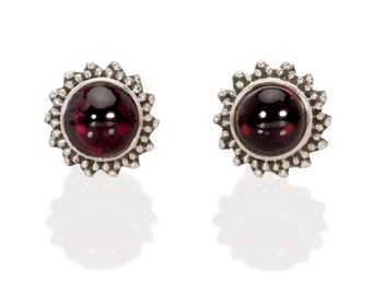 Sterling Silver Gem Stone Stud Earrings,Sterling Silver Garnet Stud Earrings, Garnet Post Earrings, Red Earrings Bohemian