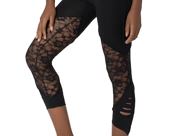 Leggings neri in pizzo a vita alta: pantaloni boho da yoga e danza in misto cotone e lycra