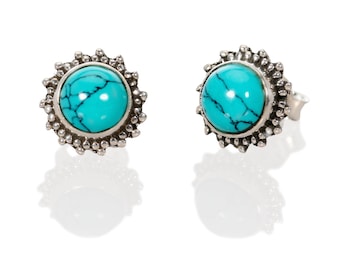 Orecchini a bottone in argento sterling con turchese: orecchini Boho con pietra preziosa cabochon rotonda