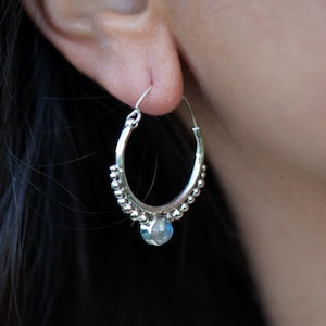 Moonstone Hoop Earrings, Silver Earrings for Women, Unique Sterling Silver Earrings, Rainbow Moonstone Earrings, Boho Chic Jewelry.