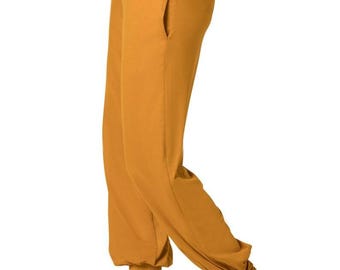 Pantaloni harem in viscosa e lycra giallo senape: vestibilità ampia boho yoga con tasche