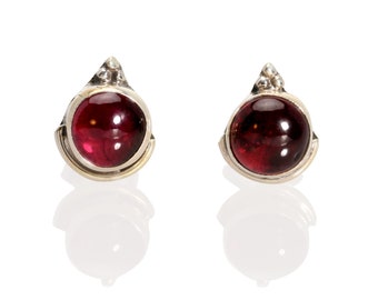 Red Earrings, Real Silver Studs, Garnet Gemstone Studs, Button Earrings, Boho Jewelry, Small Earrings, Sterling Silver Jewelry, Gift for Her