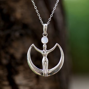 Sacred Feminine Necklace, Silver and Rainbow Moonstone Necklace, Goddess Jewelry, Pendant for Woman, Spiritual Jewelry, Gift for Women