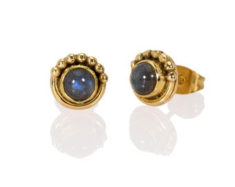 Orecchini a bottone rotondi in ottone dorato con labradorite blu-grigio: gioielli Boho con perno a bottone