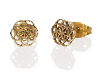 Seed of Life Stud Earrings, Brass Post Earrings, Small Studs for Women, Boho Stud Earrings, Sacred Geometry Jewelry, Tribal golden Studs.
