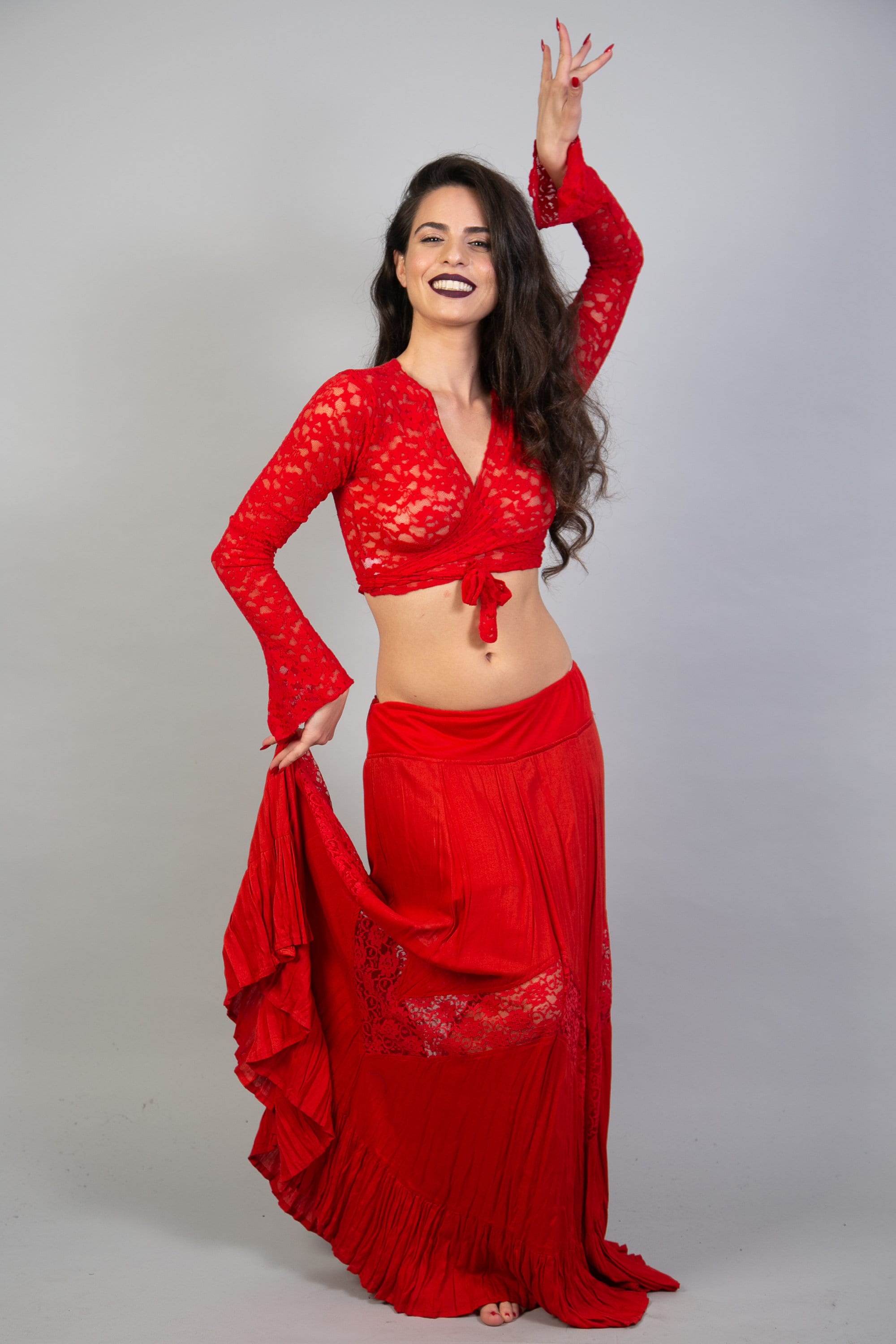 Turquoise Lace Wrap Crop Top W Long Bell Sleeves for Women