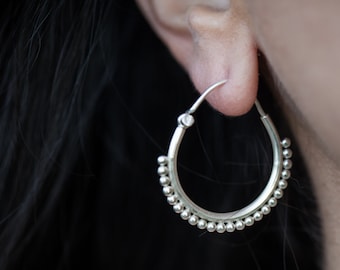 Unique Tribal 925 Sterling Silver Hoop Earrings for Every Day and Evening | Boho Chic Medium Hoops | Bohemian Silver Earrings  for Women