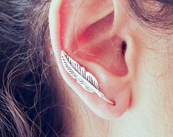 Silver Ear Climber, Feather Ear Crawler, Feather Ear Cuff, Boho Jewelry, Festival Wear, Feather Earrings, Unique Ear Jacket, Nature Inspired