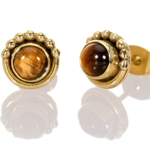 Tiger Eye Post Earrings, Brass Post Earrings, Brown Gemstone Earrings, Tiger Eye and Gold Studs, Stud Button Earrings, Gold Gemstone Stud