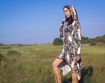 Long Dress for Women, Boho Fashion, Pixie Dress, Festival Clothing, Hippie Fashion, Asymmetrical Dress, Hoodie Dress, Snake Print Dress