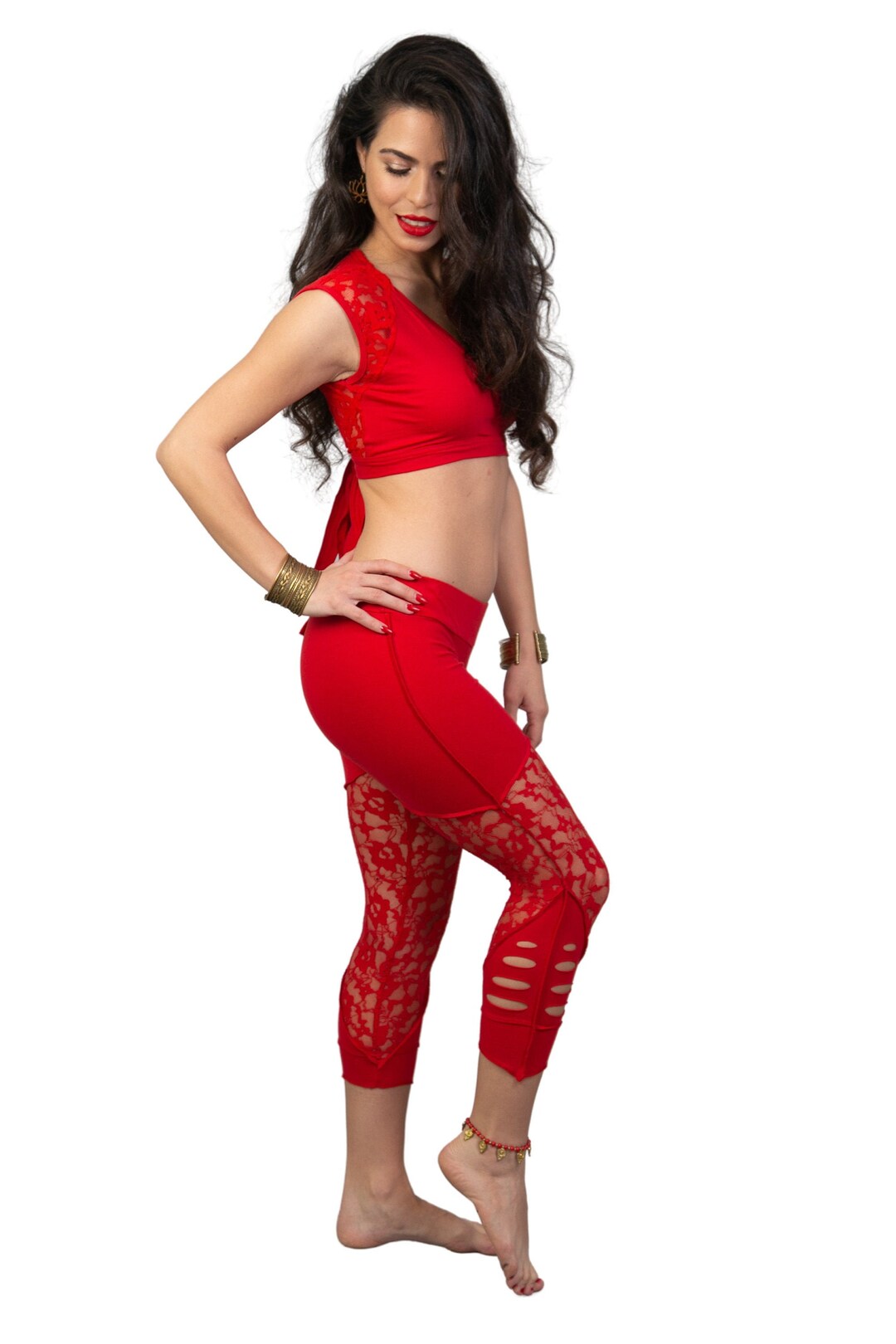 Cotton Lace Leggings, Red Pants, Tribal Fusion, Belly Dance, Boho