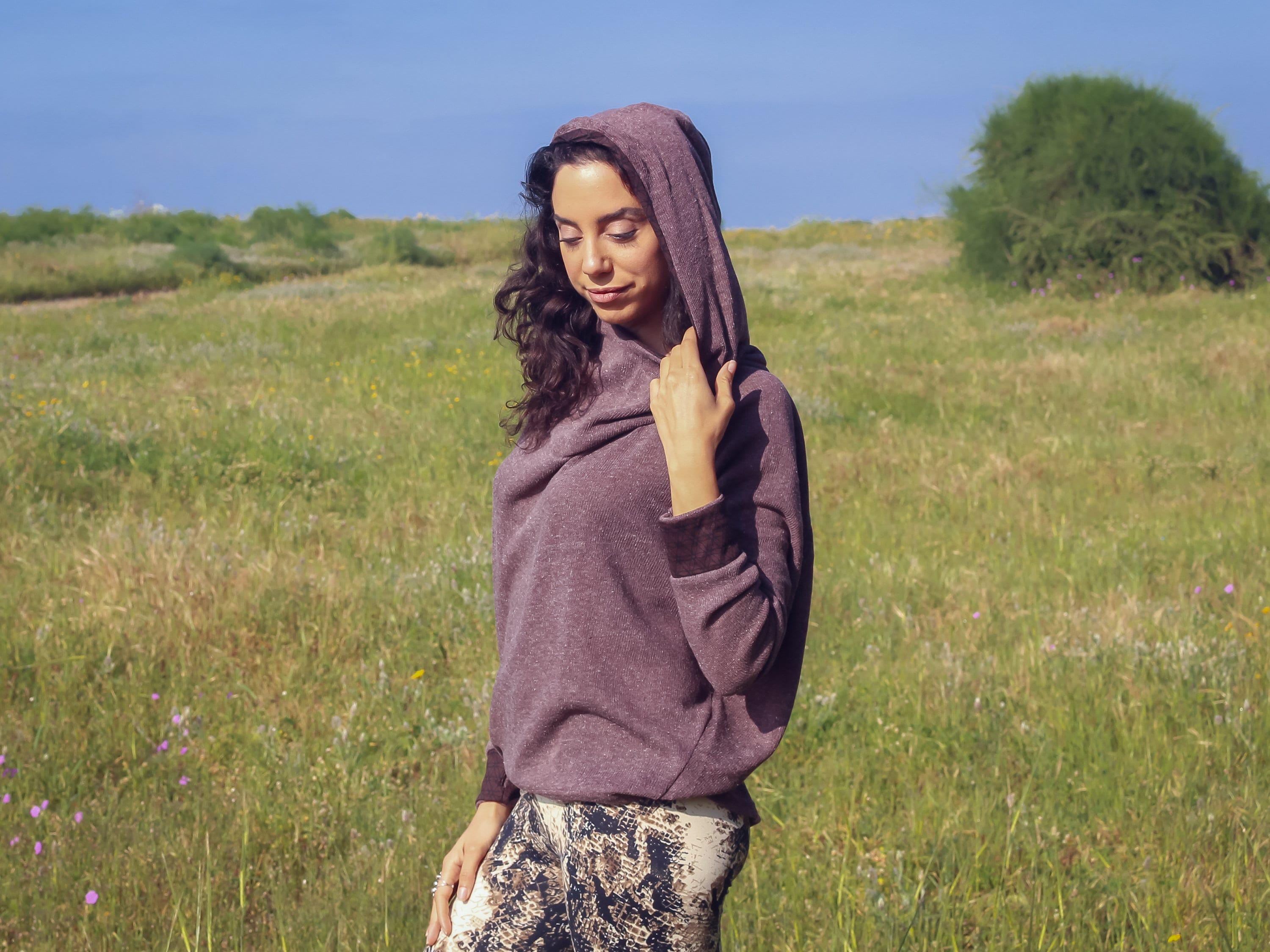 Purple Cotton Wool Cowl Neck Sweatshirt Hoodie: Women's Oversized Boho Sweater