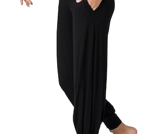 Pantaloni da yoga Harem in viscosa e lycra neri: comodi pantaloni a vita alta da donna