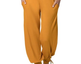 Pantaloni harem gialli senape: pantaloni da viaggio yoga con vita regolabile e tasche