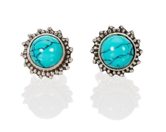 Sterling Silver Gem Stone Stud Earrings,Sterling Silver Turquoise Stud Earrings, Turquoise Post Earrings, Turquoise Earrings Bohemian