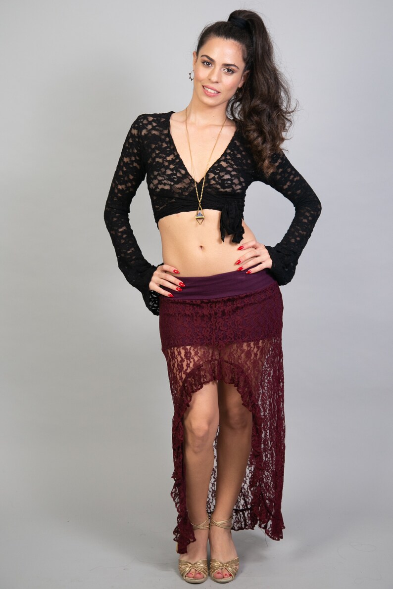 Gypsystyle Clothing for Burning Man Festivals Unique Mini Maxi Asymmetrical Lace Skirt for Women Tribal Fusion Bellydance and Salsa