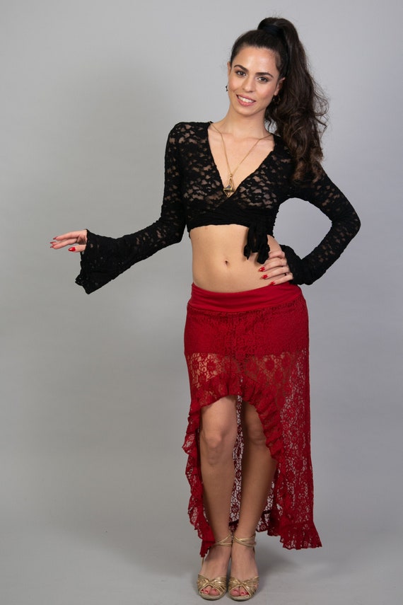 Gypsystyle Clothing for Burning Man Festivals Unique Mini Maxi Asymmetrical Lace Skirt for Women Tribal Fusion Bellydance and Salsa