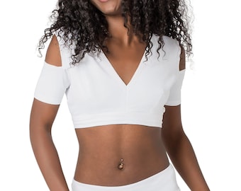 Top Choli in cotone e lycra bianco da donna: abito da festival di danza del ventre con schiena scoperta, taglia unica