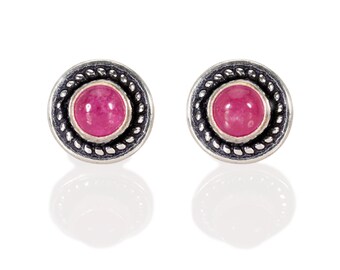 Ruby Stud Earrings, Pink Studs, Ruby Gemstone Studs, Silver Post Earrings, Boho Jewelry, Round Shaped Studs, Dainty Jewelry, Unique Studs