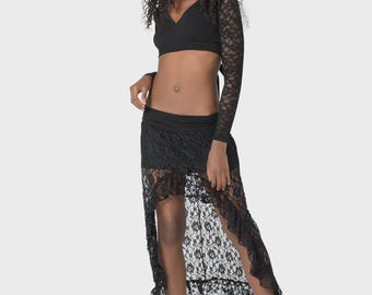 Unique Black Lace Skirt for Women | Mini Maxi Asymmetrical Skirt | Gypsystyle Clothing for Burning Man Festivals, Tribal Fusion Dance & More
