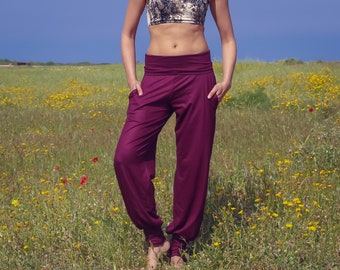 Yogabroeken voor dames, Boho-broeken, harembroeken, losse pasvorm, wijde broeken, comfortabele broeken, reisbroeken, broeken met zakken, paarse broek.