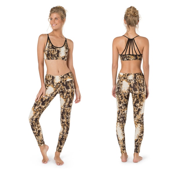 Gym Set for Women, Top and Leggings, Activewear, Yoga Clothing, Women Fitness Clothes, Sports Bra, High Waist, Open Back Top, Snake Leggings